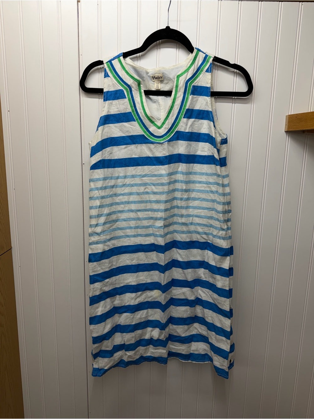 Hatley Blue and White Striped Sleeveless Dress with Green Trim